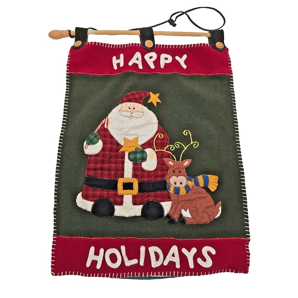 Santa Claus Felt Primitive Folk Handmade Hanging Wall Banner Vtg‎ W/ Rod *READ*
